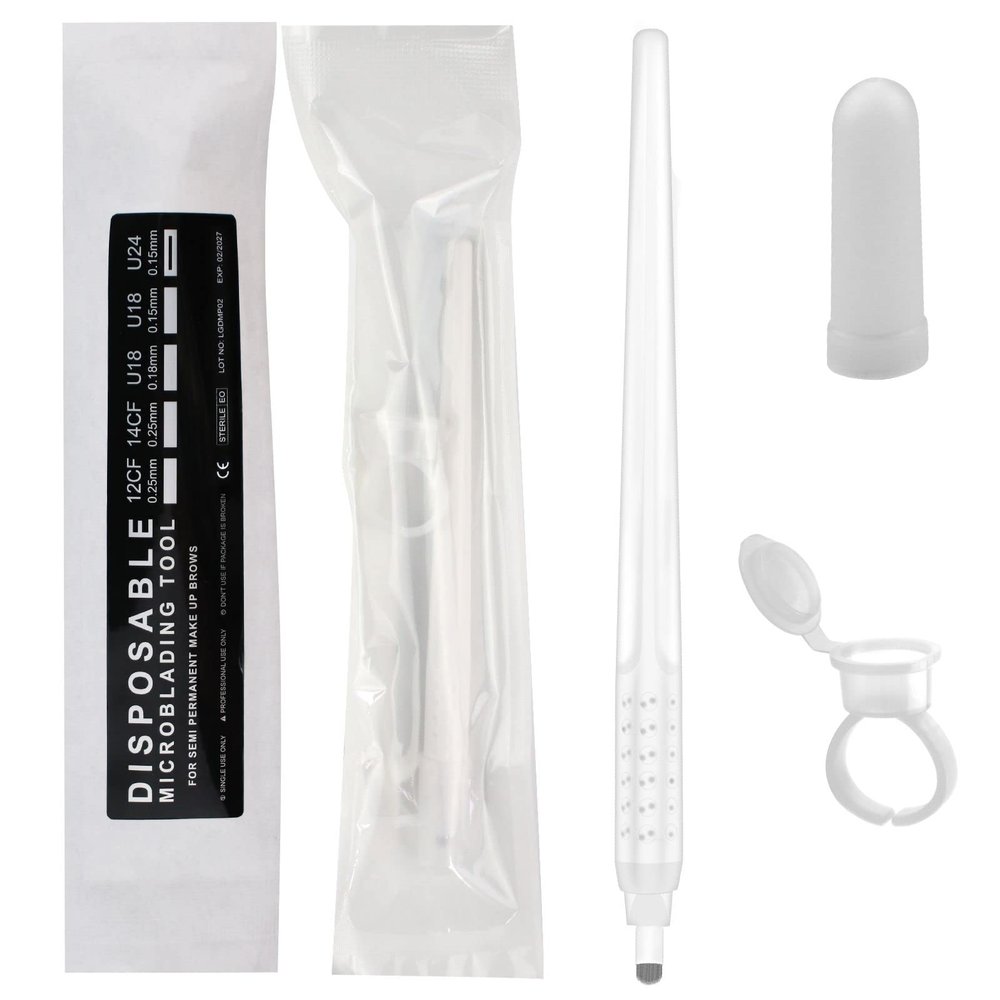 10pcs White Disposable Microblading Tool with U24 Nano Blade 0.15mm come with Ring for Hair strokes (U24-0.15mm)