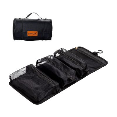 Toiletry Bag Can Hanging Small Roll-Up Makeup Organizer Bag with 3 Detachable Transparent Mesh Folding Cosmetic Travel Bags for Women & Men Black Toiletries Organizer Bag Gym Camping Grooming, Black