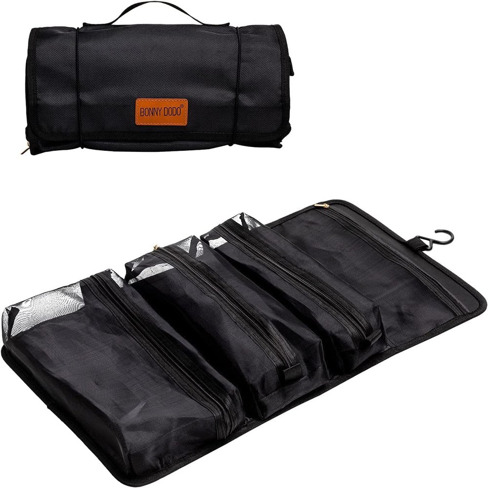 BONNY DODO Toiletry Travel Bag Can Hanging Large Roll-Up Makeup Organizer Bag with 3 Detachable Transparent Mesh Folding Cosmetic Travel Bags for Women & Men Black Toiletries Organizer Bag