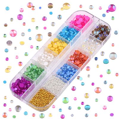 Tisslan Mix Color Size 2400pcs Mermaid Rhinestones Flat Back Glass Iridescent 3D Nail Stone Gems with 2000pcs Gold Silver Caviar Beads Balls Set Accessories for Nails Decoration