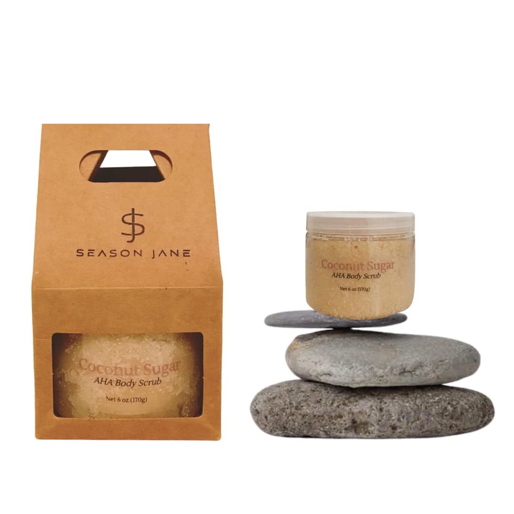 Season Jane Organic Coconut Sugar AHA Body Scrub 6oz. For Collagen, Acne Prone, and Sensitive Skin. Made in USA. Vegan, Gluten/Phthalates/Parabens Free