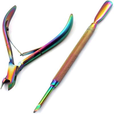 OdontoMed2011 Multi Titanium Rainbow Color Cuticle Pusher Remover with Nipper Rainbow Stainless Steel Manicure Nail Art Tool Set #4 ODM