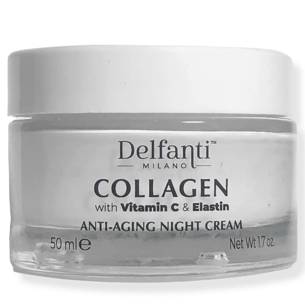 Delfanti-Milano  COLLAGEN with VITAMIN C & ELASTIN  Rejuvenating & Nourishing  Anti-Aging Night Cream  Face and Neck Moisturizer  Made in Italy