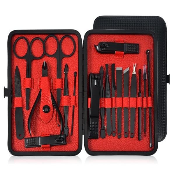 NP 18P (Black) Manicure Set, Manicure Set for Men and Women- Premium Stainless Steel, Tweezers Nose Nail Scissors Nail File Ear Pick Hair Scissors with Black Leather Travel Case Set