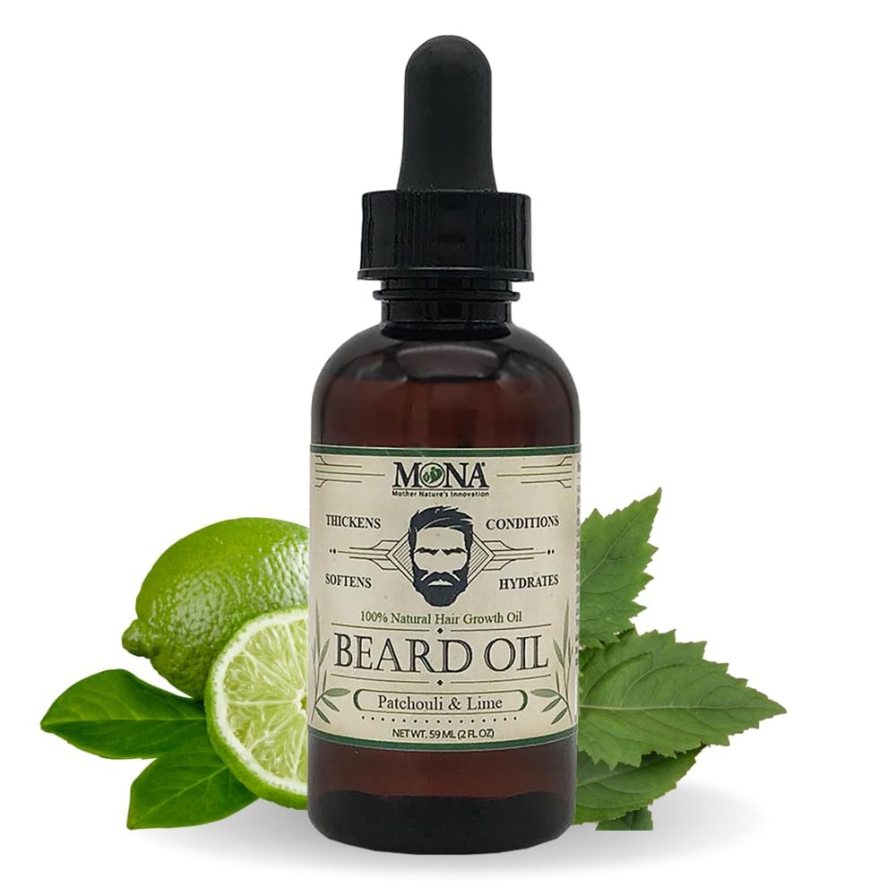 MONA BRANDS Pure Herbal BEARD Oil | 100% Natural Hair growth oil | Thickens, Conditions, Softens, and Hydrates | For Frizz-free Hair while nourishing skin (Patchouli & Lime, 2.0 Fl Oz (Pack of 1))