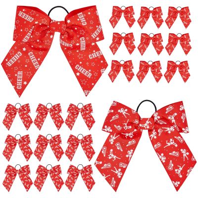 Okuna Outpost 8-Inch Cheer Bows - Polyester Two Toned Cheer Bow - Elastic Ponytail Holder & Fun Cheerleading Ribbons - Secure Play Red & White Volleyball Ribbon - Pack of 20-2 Designs, Red & White