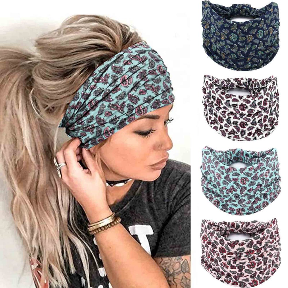 Acenail Wide Headbands Women Knotted Turban Headband Elastic Non Slip Hairbands Floral Workout Head Bands Yoga Cotton Hair Scarfs Boho Head Wraps Fashion Hair Accessories for Women 4Pcs(Chic)