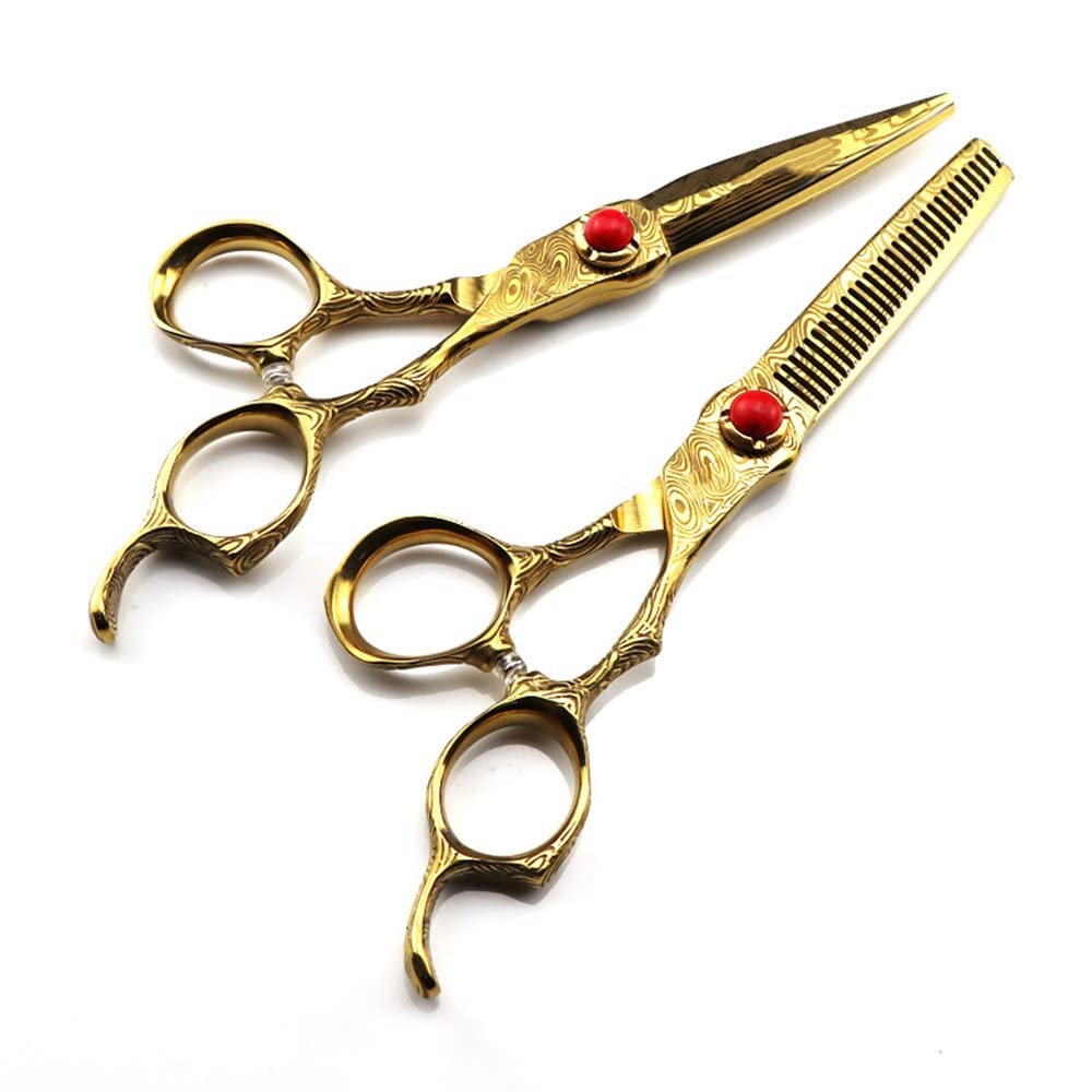 Professional Hair Cutting Shears, Professional 6 inch Upscale Gold Damascus hair cutting scissors haircut thinning barber tools cut shears Hairdressing scissors (Color : Set)
