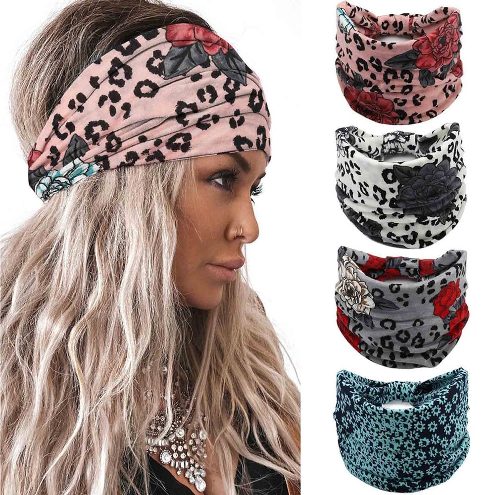 Acenail Wide Headbands Knotted Turban Headband Elastic Non Slip Hairbands Floral Workout Head Bands Yoga Cotton Hair Scarfs Boho Head Wraps Fashion Hair Accessories for Women 4Pcs(Gorgeous)