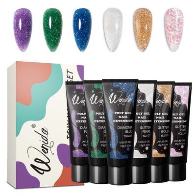 Wenida Reflective Holographic Glitter Extension Gel Kit - 6 Colors Diamond Builder Gel Set for Nail Enhancement, Home DIY Manicure Art