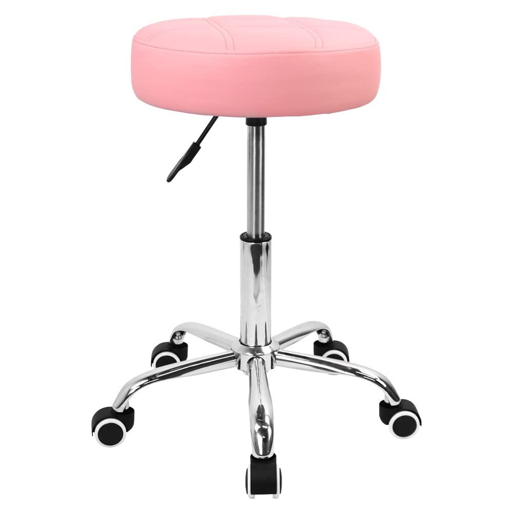 KKTONER Round Rolling Stool Chair PU Leather Height Adjustable Shop Stool Swivel Drafting Work SPA Salon Stools with Wheels Office Chair (Pink)