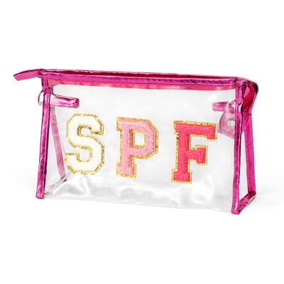 AsodSway Preppy Patch SPF Cosmetic Bag Summer SPF Varsity Letter Clear Toiletry Makeup Bag Waterproof PVC Cosmetic Case Multi-Function Zippered Makeup Pouch for Beach Pool, Pencil Case Pen Pouch