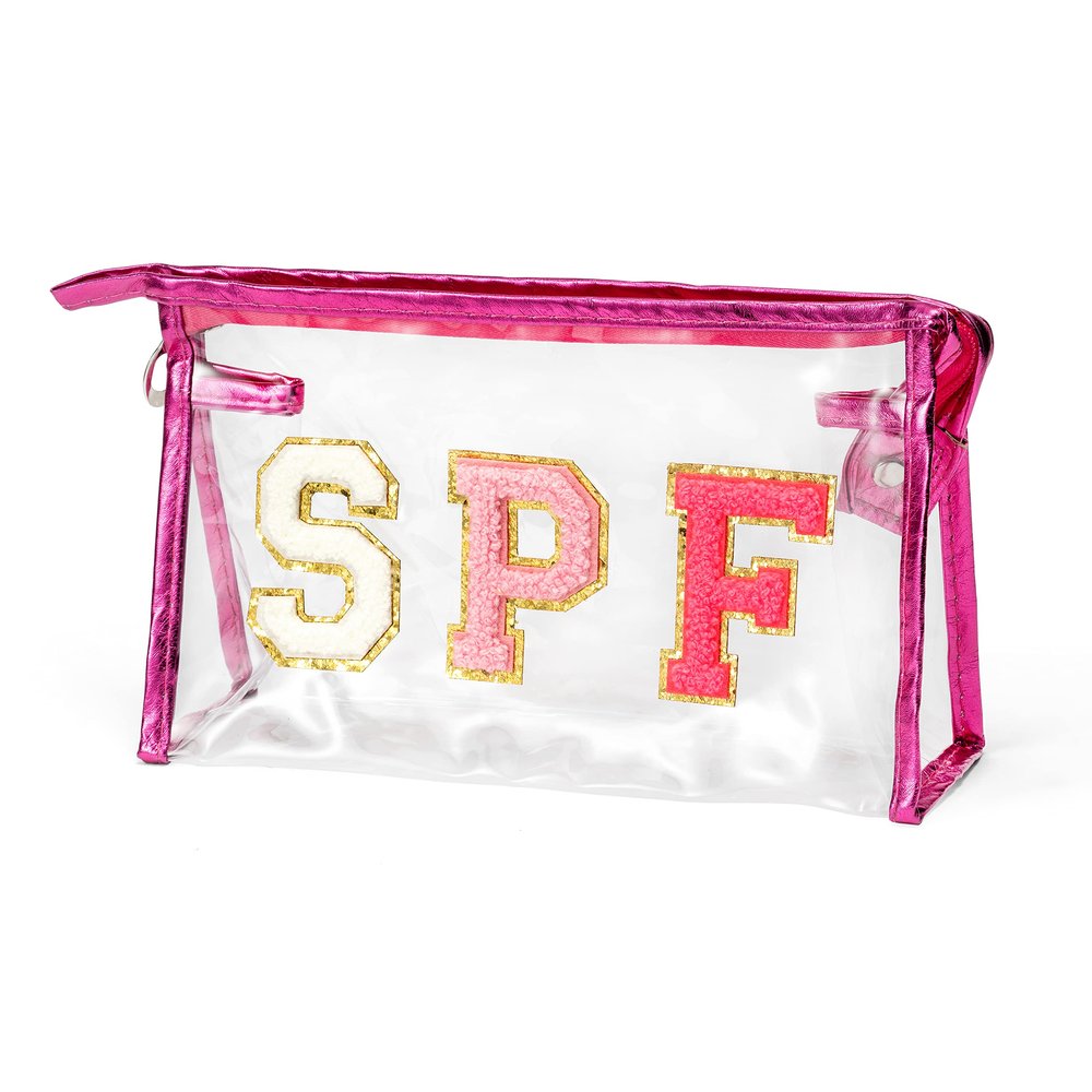 AsodSway Preppy Patch SPF Cosmetic Bag Summer SPF Varsity Letter Clear Toiletry Makeup Bag Waterproof PVC Cosmetic Case Multi-Function Zippered Makeup Pouch for Beach Pool, Pencil Case Pen Pouch