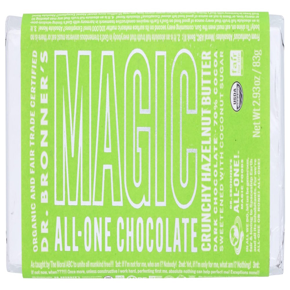Dr. Bronner's Crunchy Hazelnut Butter Magic All One Dark Chocolate Bar, 70% Cocoa, Non GMO, Vegan, 2.93 Ounces (Pack of 12)