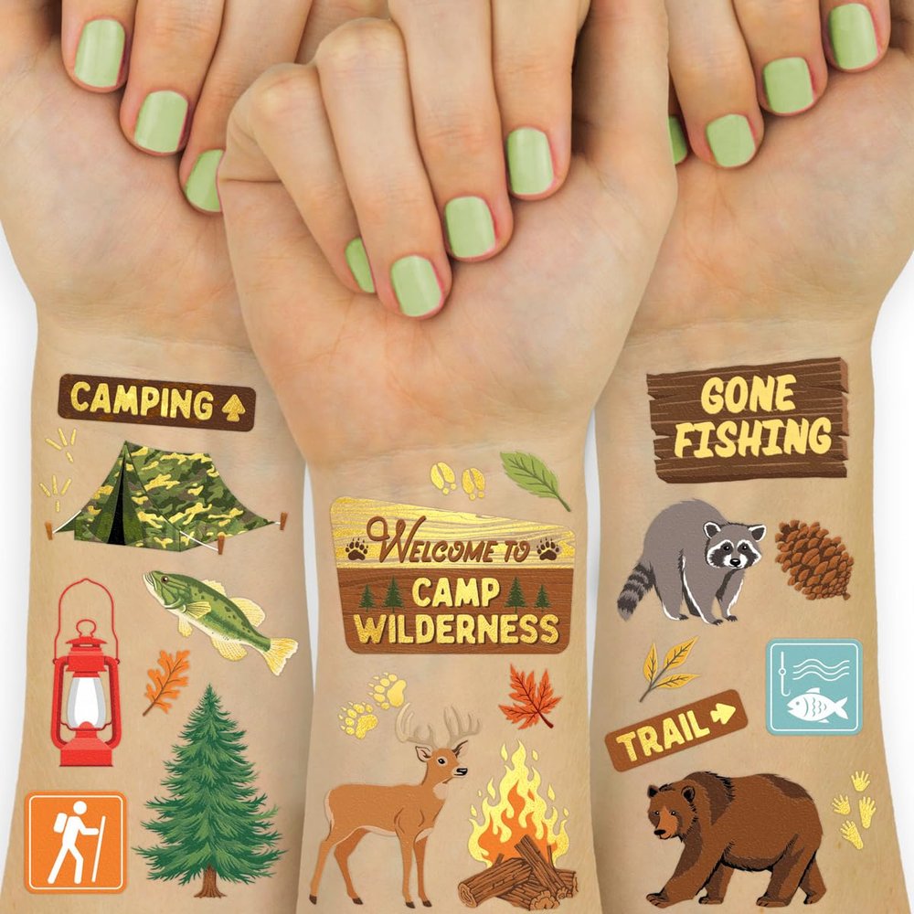 xo, Fetti Camping Party Supplies Temporary Tattoos - 44 Metallic Styles | Outdoor Wilderness Birthday, Forest Animals Favors, Gone Fishing Bday