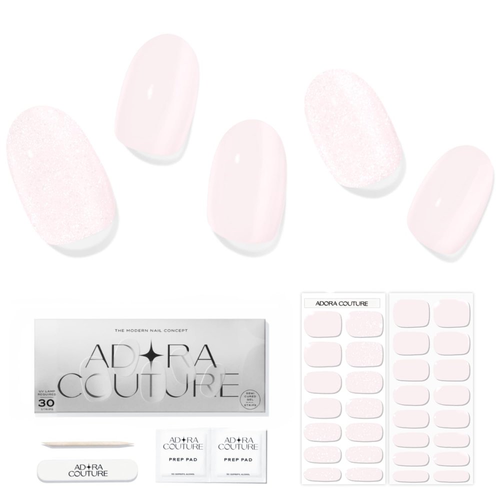 Adora Couture Semi Cured Gel Nail Strips  Pink Barely  30 Pieces UV Gel Nail Wrap Kit with Prep Pads, File & Wooden Stick  Salon Quality Semi Cured Stickers  UV Light Required