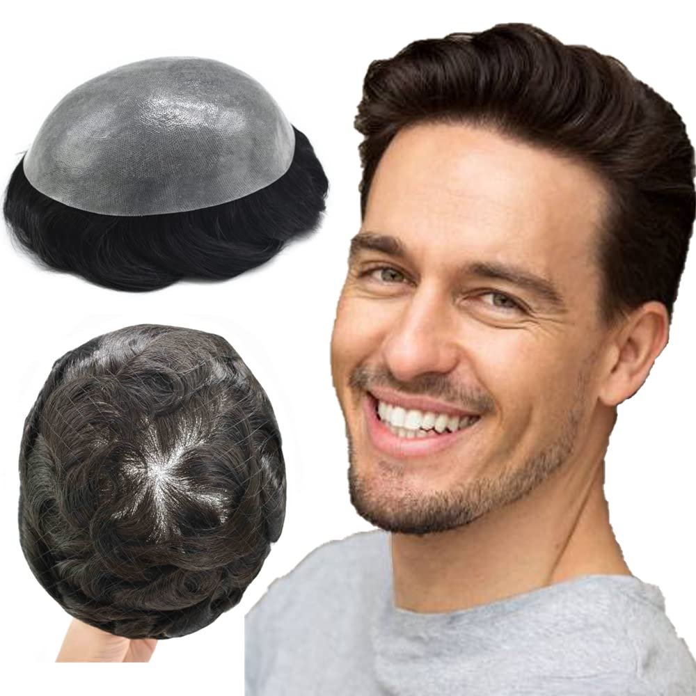 Mens Toupee Human Hair HAIR WONDERS Toupee For Men Hair Units Full 0.12mm Thin Skin Hair System with Natural Hairline Mens Hair Piece (6''*8'', #220 2# DARKEST BROWN WITH 20% SYNTHETIC GREY-120% medium light to medium density)