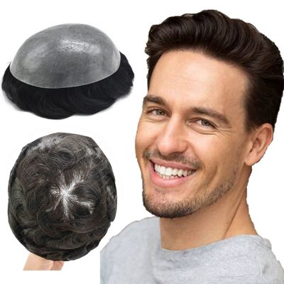 Mens Toupee Human Hair HAIR WONDERS Toupee For Men Hair Units Full 0.12mm Thin Skin Hair System with Natural Hairline Mens Hair Piece (6''*8'', 2# DARKEST BROWN-120% medium light to medium density)