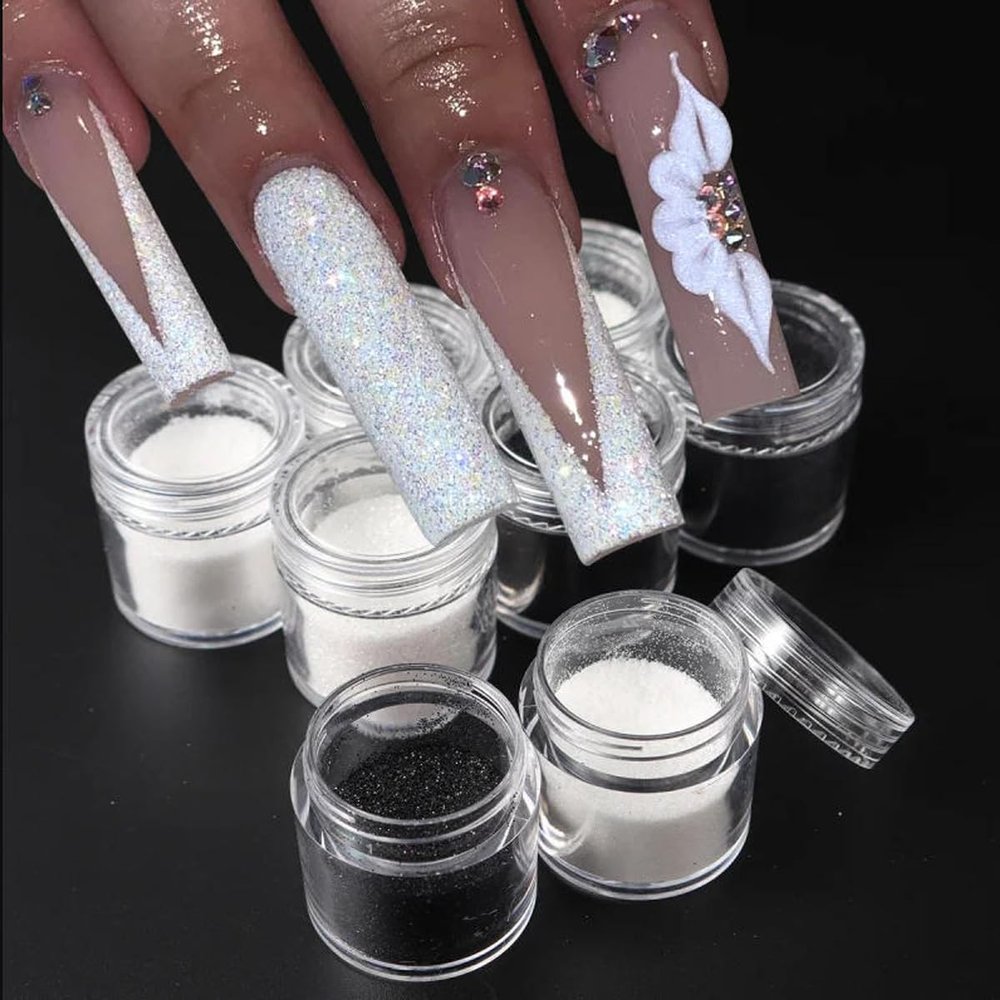 6pcs White Rainbow Nail Glitter Holographic Shining Nail Glitter Candy Coat Powder Sugar Coating Effect Silver Nail Powder Nail Art Decorations Dust Diamond Black Dust for Nails