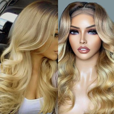 Ombre 4T613 13x4 Lace Front Wigs Blonde Human Hair for Women Dark Brown Roots Ombre Blonde Body Wave Brazilian Remy Hair Wigs with Baby Hair 180% Density Pre Plucked Hairline Hair(18inch, 4T613)