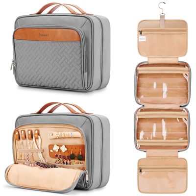 COOSKY Travel Hanging Toiletry Bag for Women, Holds Full-Size Shampoo, with Jewelry Organizer Compartment, Extra Large Makeup Bag, Waterproof Cosmetic Bag, Toiletries Kit Set with Trolley Belt, Grey