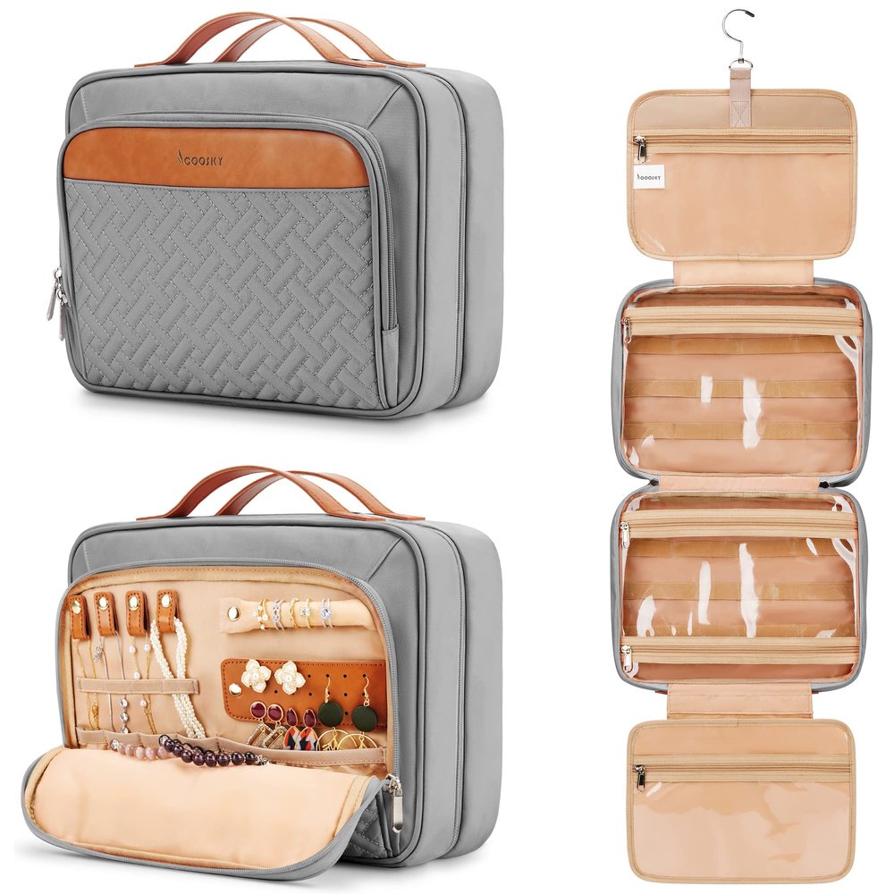COOSKY Travel Hanging Toiletry Bag for Women, Holds Full-Size Shampoo, with Jewelry Organizer Compartment, Extra Large Makeup Bag, Waterproof Cosmetic Bag, Toiletries Kit Set with Trolley Belt, Grey