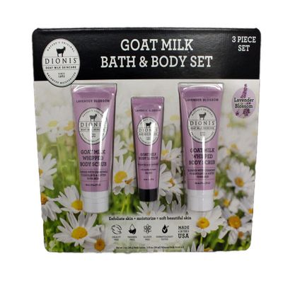 Dionis Goat Milk Bath & Body Set, 3 Piece Set - 1 oz. Body Lotion / 2 fl oz. Whipped Body Scrub x2, Cruelty & Paraben Free, Dermatologist Tested (Lavender Scent)