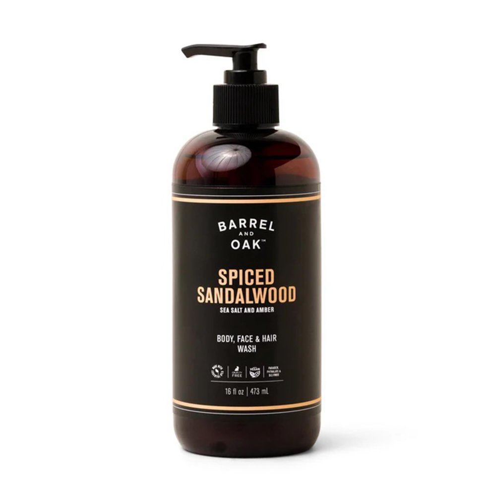 Barrel & Oak All-in-One Wash for Face, Hair, & Body, Vegan & Hydrating Face, Shampoo and Body Wash for Men, Grooming Kit Gifts for Men, Spiced Sandalwood, 16 oz