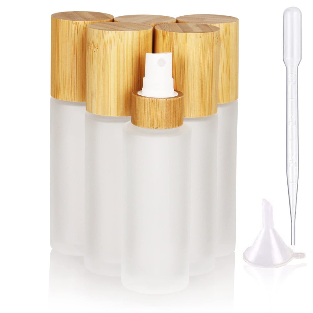 COSIDEA 6 pcs Empty 2oz /60ml bamboo lid Frosted glass spray bottle with fine mist despenser head for liquid perfume toiletries containers, toner bottles