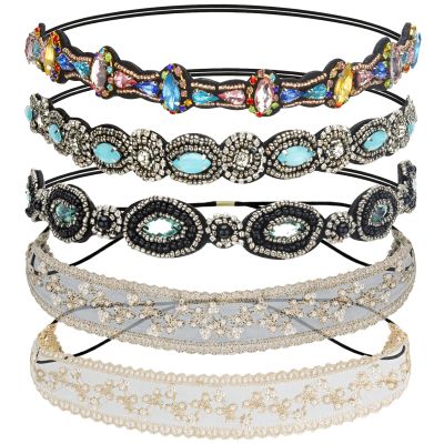 AMCAMI Rhinestone Crystal Beaded Hairbands 5 Pack - Elastic Hippie Hair Accessories for Women and Girls