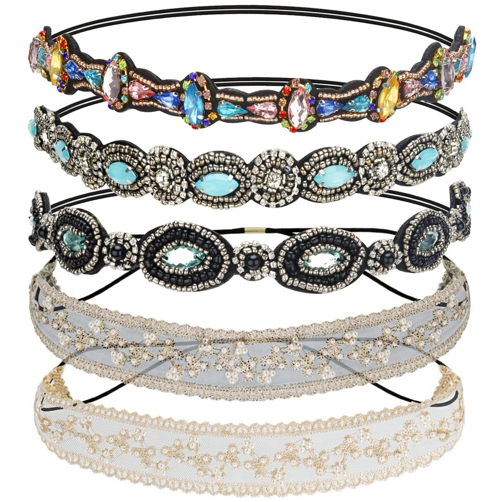 AMCAMI Rhinestone Crystal Beaded Hairbands 5 Pack - Elastic Hippie Hair Accessories for Women and Girls