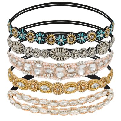 AMCAMI 5 Pcs Beaded Headband, Crystal Sparkly Hairbands for Women, Elastic Headbands with Pearls & Rhinestones, Hair Accessories for Women & Girls