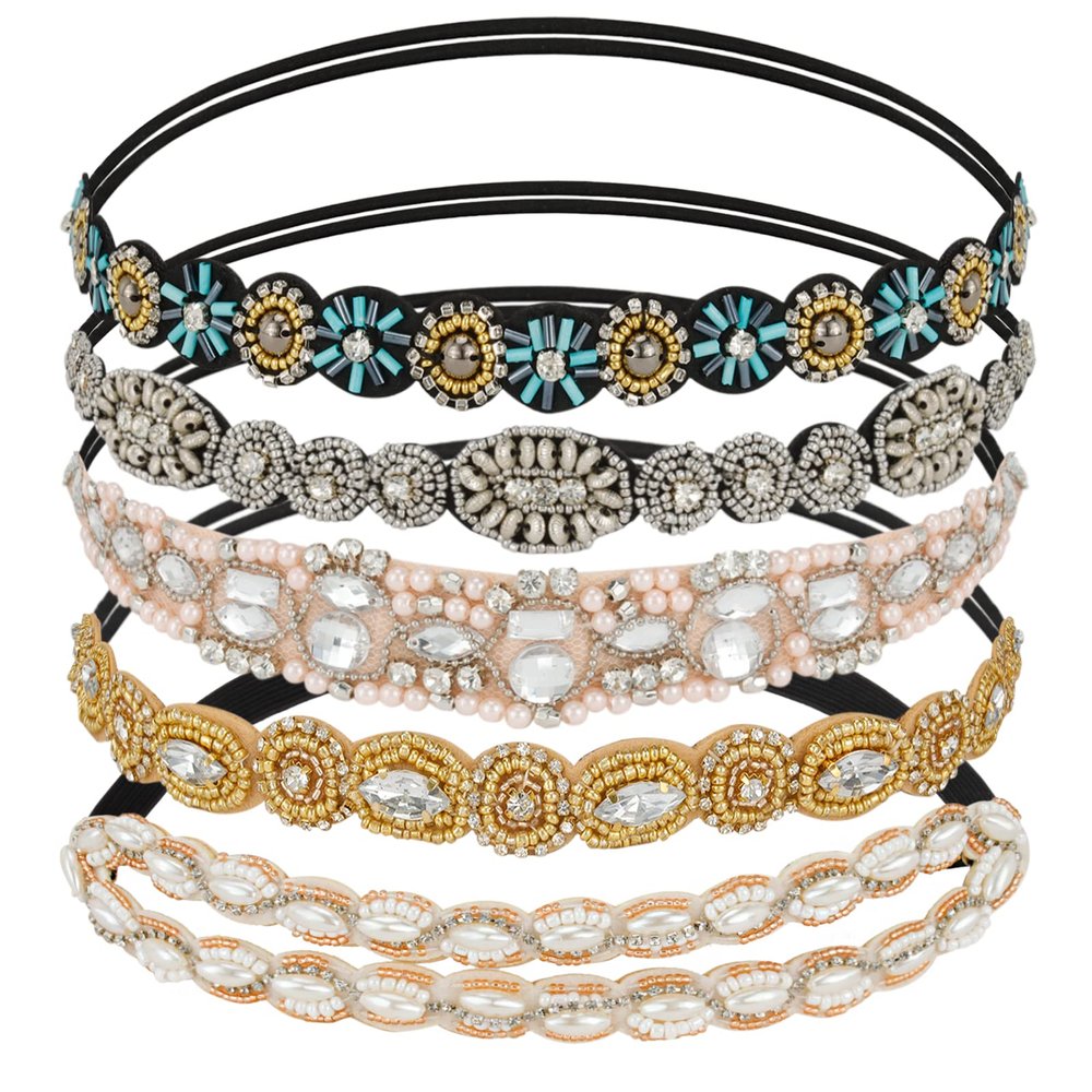 AMCAMI 5 Pcs Beaded Headband, Crystal Sparkly Hairbands for Women, Elastic Headbands with Pearls & Rhinestones, Hair Accessories for Women & Girls