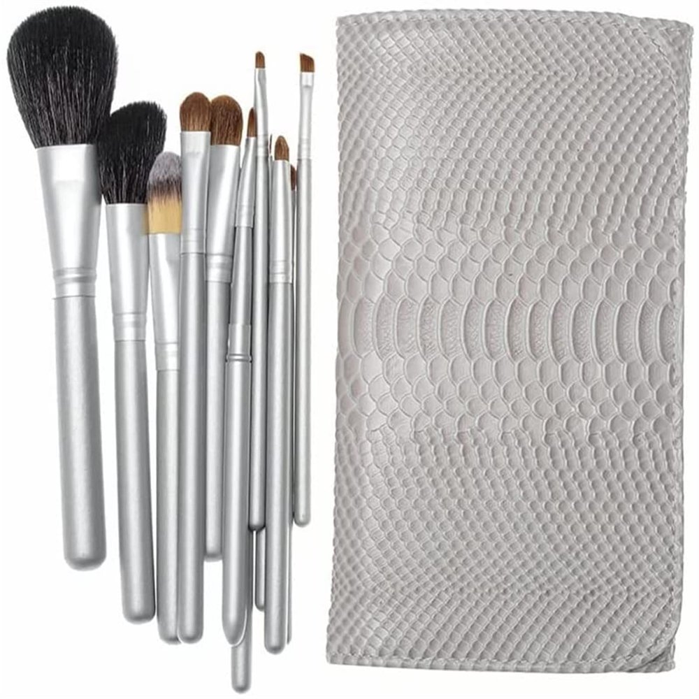 YQBUER Makeup Brush 12pcs Makeup Brushes Set Powder Contour Blush Brush Cosmetic Beauty Tools Goat Hair with Bag Cosmetic Products (Color : Silver, Size : 12pcs)