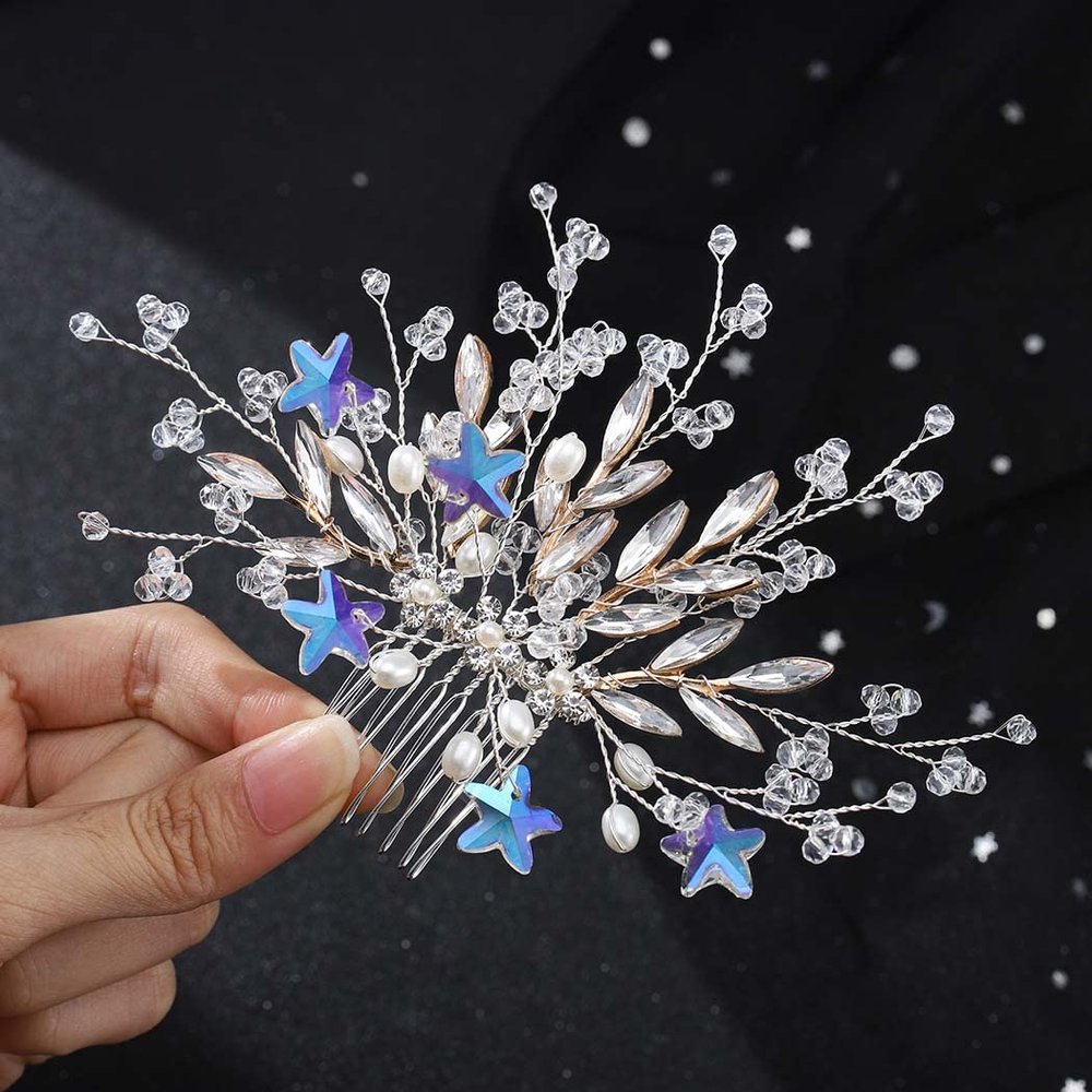 Foyte Flower Bride Wedding Hair Comb Crystal Leaf Bridal Headpieces Rhinestone Hair Pieces Pearl Bridesmaid Side Combs Hair Accessories for Women and Brides(star)