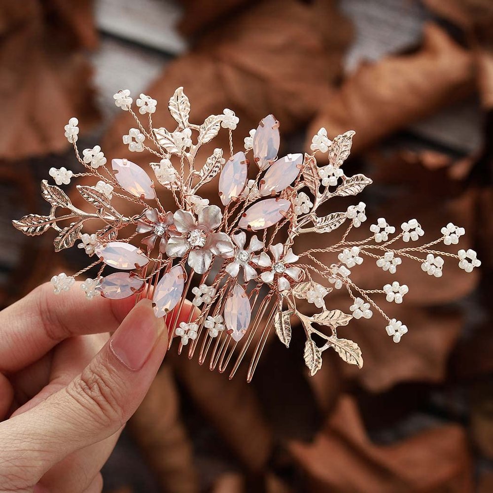 Foyte Flower Bride Wedding Hair Comb Crystal Leaf Bridal Headpieces Rhinestone Hair Pieces Pearl Bridesmaid Side Combs Hair Accessories for Women (leaf)