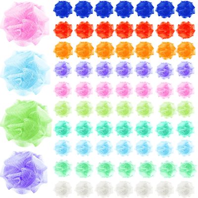 72 Pack Bath Loofah Bulk Travel Size Loofah Mini Sponge Mesh Shower Ball Body Scrubber Exfoliator Shower Bath Pouf Assorted Colors for Kids Women Men Wash Bathroom
