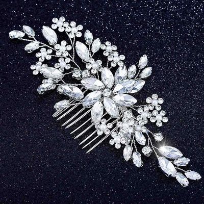 Foyte Crystal Bride Wedding Hair Comb Leaf Bridal Headpieces Rhinestone Flower Hair Vines Pearl Bridesmaid Side Combs Hair Accessories for Women (silver flower)
