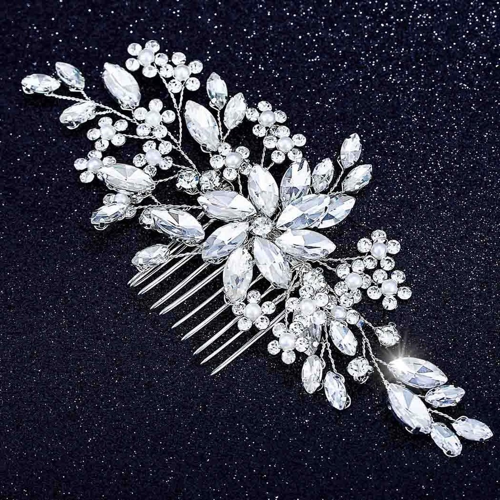 Foyte Crystal Bride Wedding Hair Comb Leaf Bridal Headpieces Rhinestone Flower Hair Vines Pearl Bridesmaid Side Combs Hair Accessories for Women (silver flower)