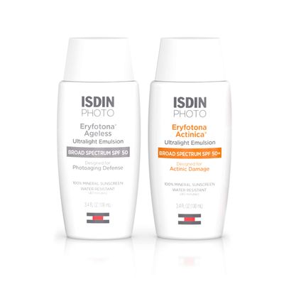 ISDIN Suncare Bundle Non-Tinted & Tinted Sunscreen | Eryfotona Actinica Mineral Sunscreen | Eryfotona Ageless Mineral