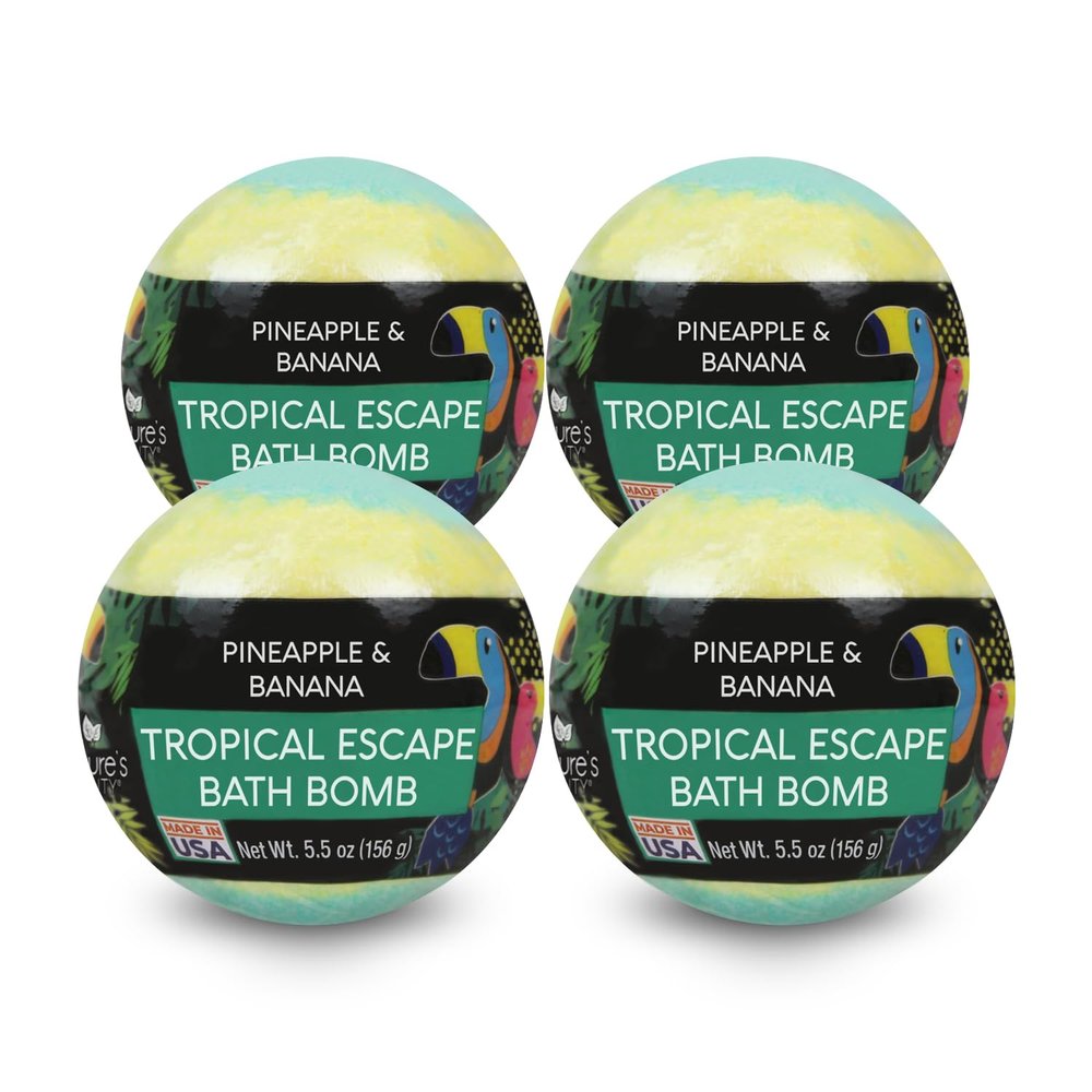 Nature's Beauty Tropical Escape, Pineapple & Coconut Scent Bath Bomb Multi-Pack - Natural Hand Crafted, Luxury Spa Bomb, Nourish Dry Skin, Made w/Coconut Oil + Witch Hazel, 5.5 oz (4 Pack)
