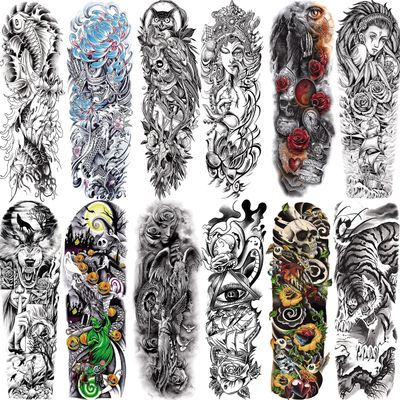 Aresvns Sleeve Tattoo Temporary, 12Pcs Christmas Full Arm Fake Tattoos for Adults, Large Totem Wolf Military Tempoary Tattoos for BBQ Pool Beach Party