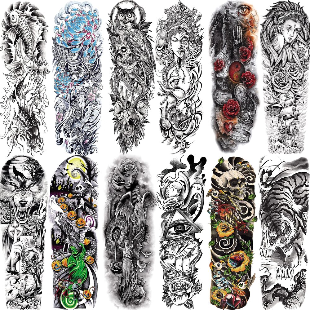 Aresvns Sleeve Tattoo Temporary, 12Pcs Christmas Full Arm Fake Tattoos for Adults, Large Totem Wolf Military Tempoary Tattoos for BBQ Pool Beach Party