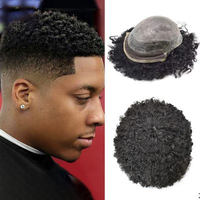 Afro Curl Toupee for Black Men Wave Hair Units Brazilian Human Hair Replacement System Lace Front Natural Hairline Breathable Holes Hair Pieces for Black Men 8 * 101B# OFF BLACK6mm wave
