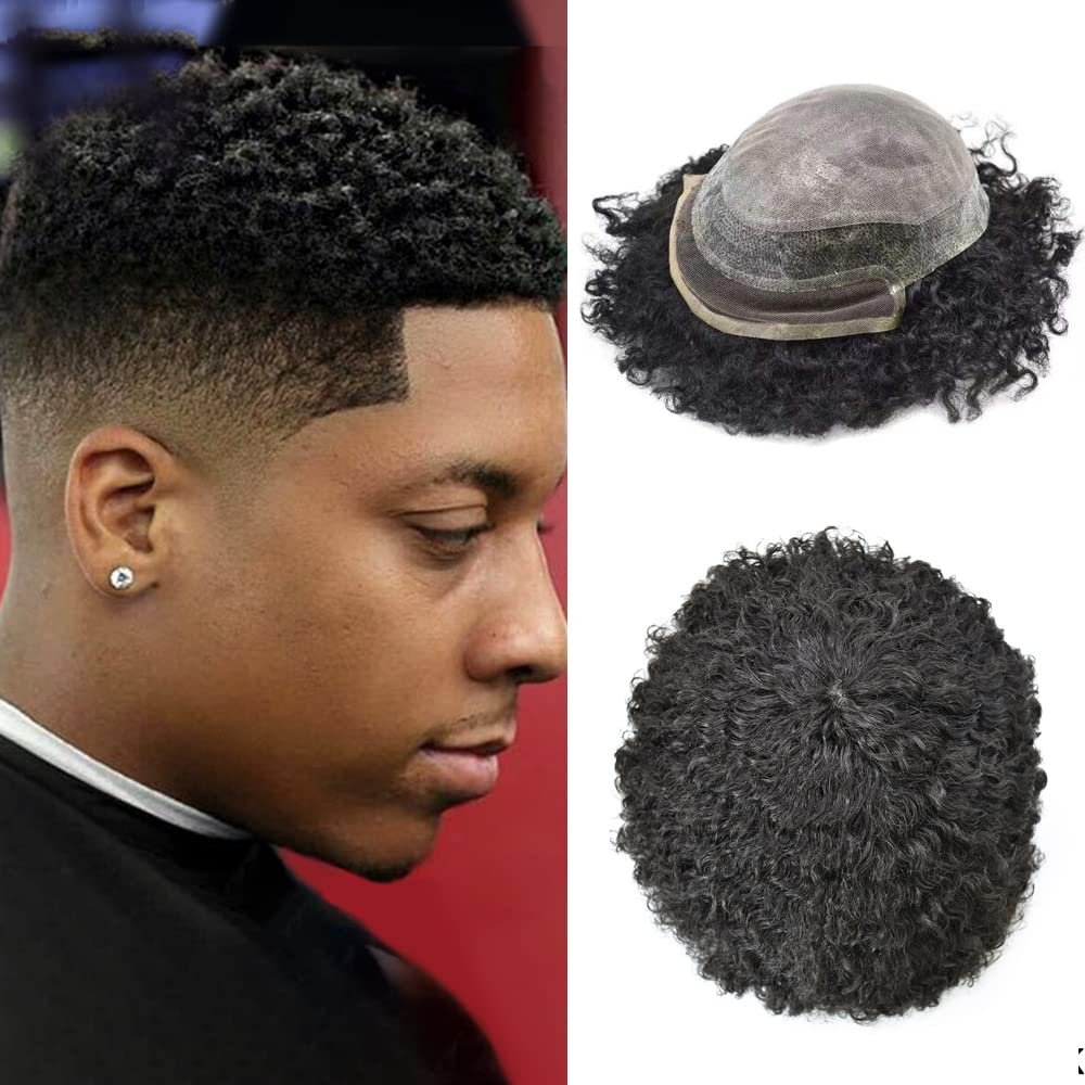Afro Curl Toupee for Black Men Wave Hair Units Brazilian Human Hair Replacement System Lace Front Natural Hairline Breathable Holes Hair Pieces for Black Men 8 * 101B# OFF BLACK8mm wave