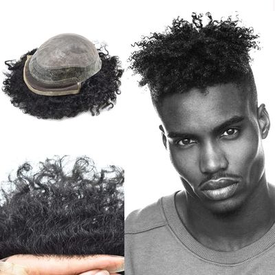 Afro Curl Toupee for Black Men Wave Hair Units Brazilian Human Hair Replacement System Lace Front Natural Hairline Breathable Holes Hair Pieces for Black Men 8 * 101B# OFF BLACK12mm wave