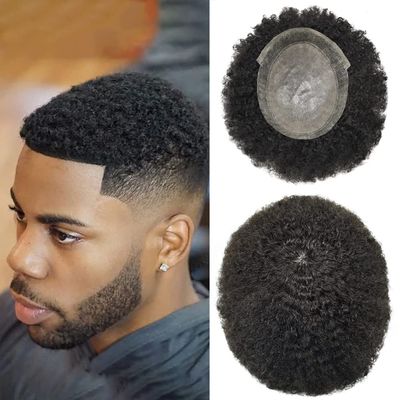 Afro Curl Toupee for Black Men Kinky Curly Virgin Human Hair Replacement Systems Lace Center with Injection PU Skin Around Hair Units for Black Men 8x10inch (10mm wave, 1# JET BLACK)