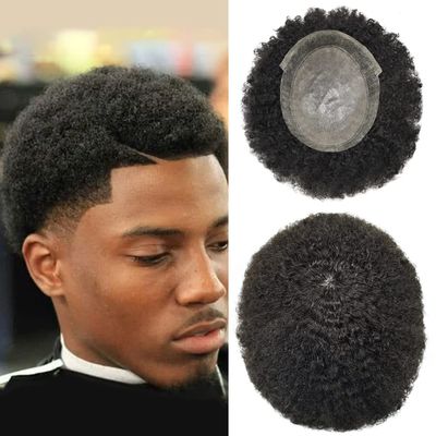 Afro Curl Toupee for Black Men Kinky Curly Virgin Human Hair Replacement Systems Lace Center with Injection PU Skin Around Hair Units for Black Men 8x10inch (6mm wave, 1# JET BLACK)