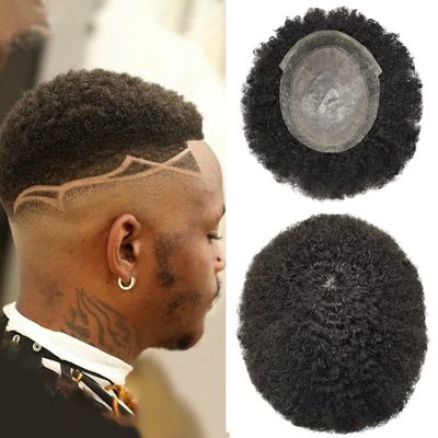 Afro Curl Toupee for Black Men Kinky Curly Virgin Human Hair Replacement Systems Lace Center with Injection PU Skin Around Hair Units for Black Men 8x10inch (6mm wave, 1B# OFF BLACK)