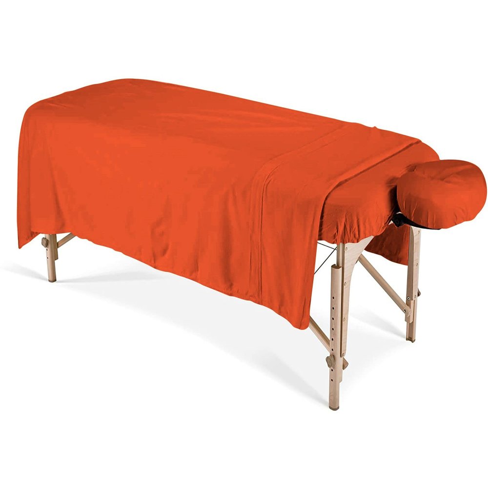 100% Egyptian Cotton 3-Piece Egyptian Cotton Massage Table Sheet Set - Premium Facial Bed Cover - Includes Flat and Fitted Sheets with Face Cradle Cover - Orange